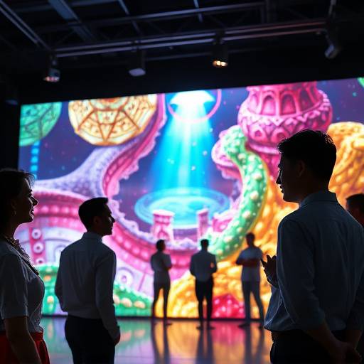 A behind-the-scenes photograph of actors interacting with a vibrant virtual environment displayed on a large LED wall during a virtual production shoot.