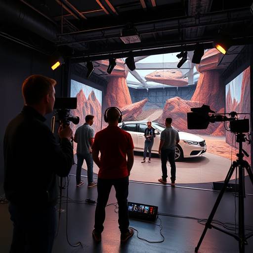 A behind-the-scenes shot of a virtual production stage with actors interacting with a virtual environment.