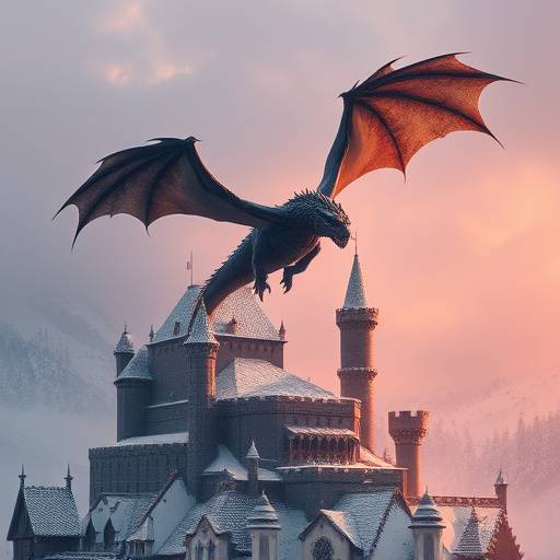 A majestic dragon soaring over a snow-covered medieval castle, showcasing detailed visual effects for a fantasy film.