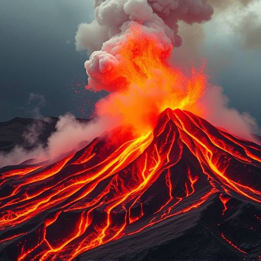 A powerful volcanic eruption with flowing lava and billowing smoke, showcasing the studio's ability to create realistic and impactful environmental effects.