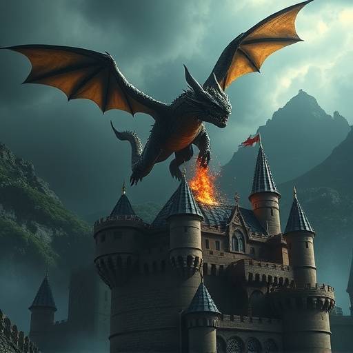 A scene from a fantasy film with a dragon flying over a castle, showcasing visual effects work.