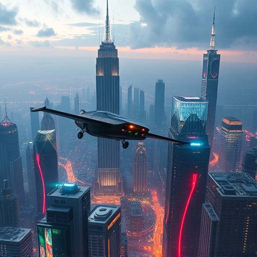 A sprawling futuristic cityscape filled with flying vehicles and towering skyscrapers, highlighting the studio's expertise in designing immersive and visually stunning science fiction environments.