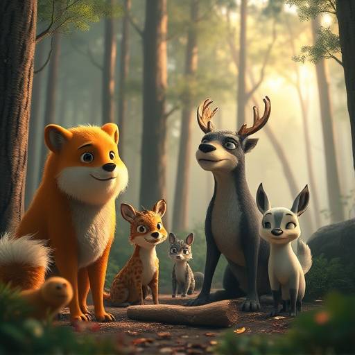 A still from an animated short film featuring anthropomorphic animals in a forest setting.