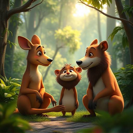 A vibrant still from an animated short film featuring anthropomorphic animals engaging in a lively conversation within a lush forest setting.