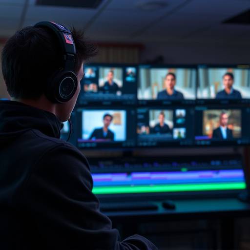 A video editor working on a complex project at their editing suite, displaying a timeline with various video and audio tracks.