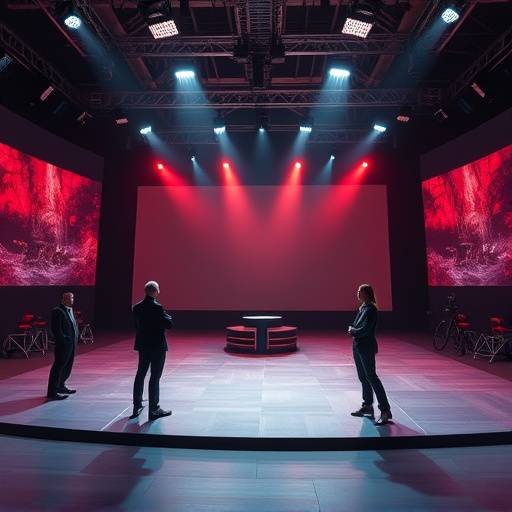 A virtual production stage with actors interacting with a large LED screen displaying a dynamic background environment.