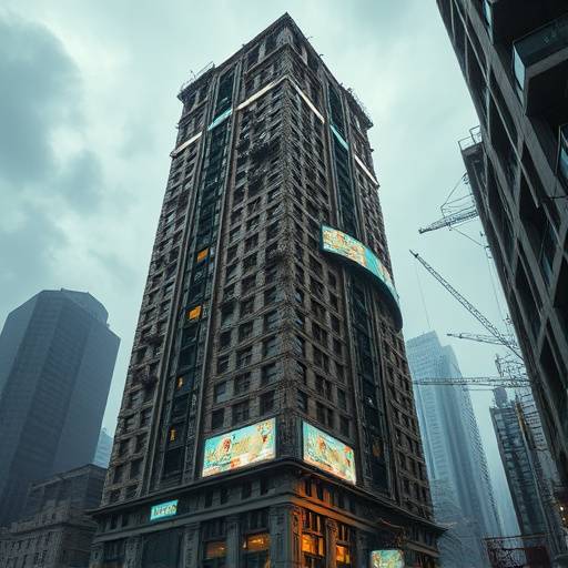 A visual effects breakdown demonstrating the transformation of a dilapidated building into a sleek, futuristic skyscraper with holographic advertisements.