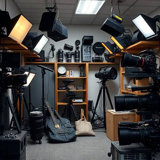 A well-organized equipment rental room featuring various cameras, lenses, lighting equipment, and audio recorders.