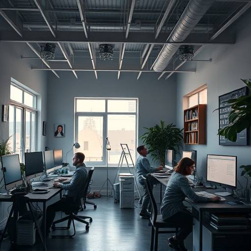 Interior view of the Aurora Studios workspace, showing artists working on computers.